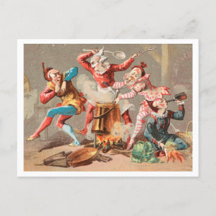 Colourful vintage clowns clowning around, 1940s postcard