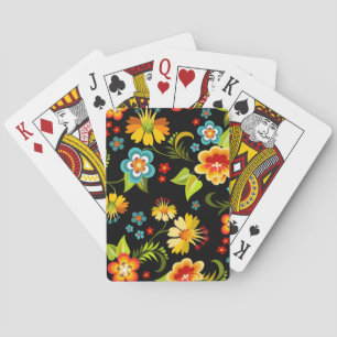 Colourful Vintage Flora Design Black Background Playing Cards
