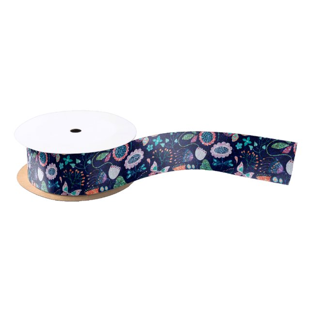Colourful vintage flowers pattern satin ribbon (Spool)