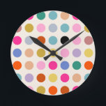 Colourful Vintage Geometric Dots Round Clock<br><div class="desc">Colourful vintage geometric dots - retro design - cream white background and colourful dots in pink,  yellow,  green,  blue and orange.</div>