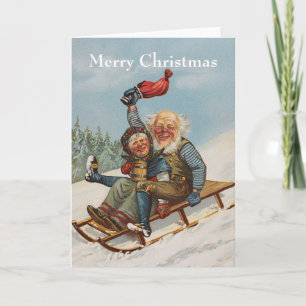Colourful vintage gnomes on a sleigh card