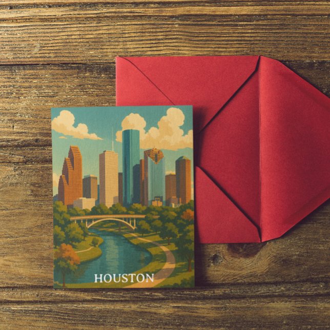 Colourful Vintage Houston Texas Skyline Postcard (Colorful Vintage Houston Texas Skyline Postcard)