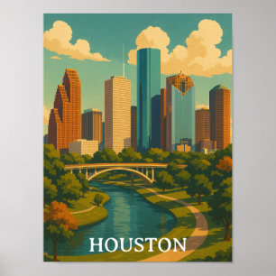 Colourful Vintage Houston Texas Skyline Poster