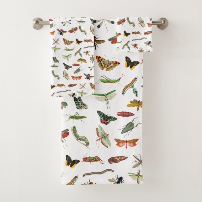 Colourful Vintage Insect Illustration Pattern  Bath Towel Set (Insitu)