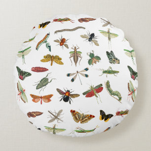 Colourful Vintage Insect Illustration Pattern Round Pillow