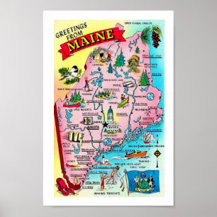 Colourful Vintage Maine Map Print