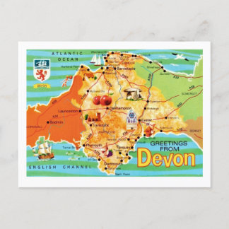 Colourful Vintage Map of Devon England Postcard