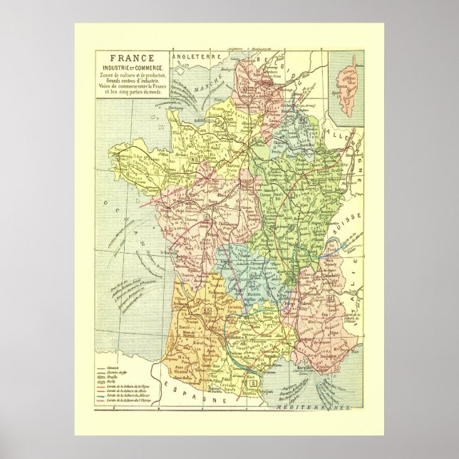 Colourful Vintage Map of France  Poster (Front)