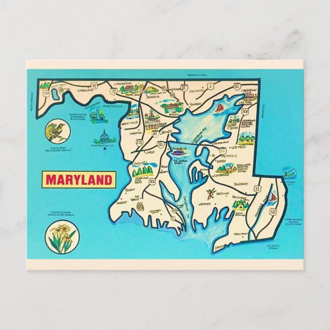 Colourful Vintage Maryland Map Postcard (Front)