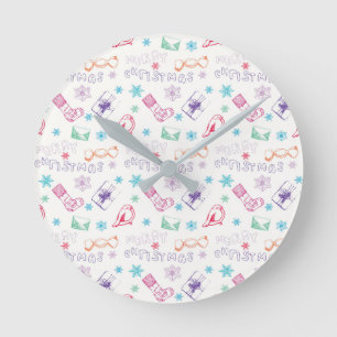 Colourful vintage merry christmas pattern round clock