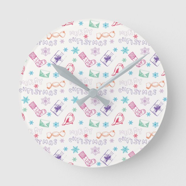 Colourful vintage merry christmas pattern round clock (Front)