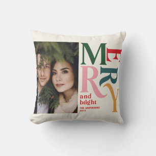 Colourful vintage merry chritsmas photo  throw pillow