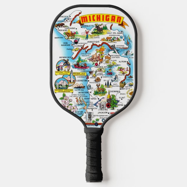 Colourful Vintage Michigan Map Pickleball Paddle (Front)