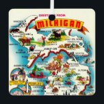 Colourful Vintage Michigan Map Postcard Metal Ornament<br><div class="desc">A wonderful vintage,  colourfully illustrated postcard map of the State of Michigan repurposed on an ornament.</div>