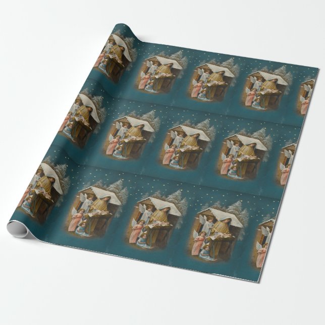 Colourful vintage nativity scene gift paper (Unrolled)