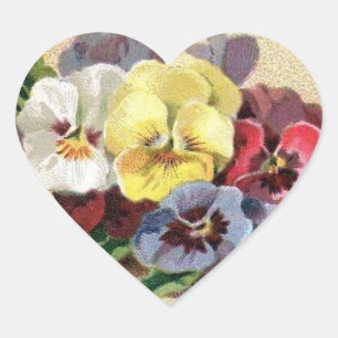 Colourful Vintage Pansies Floral Heart Stickers