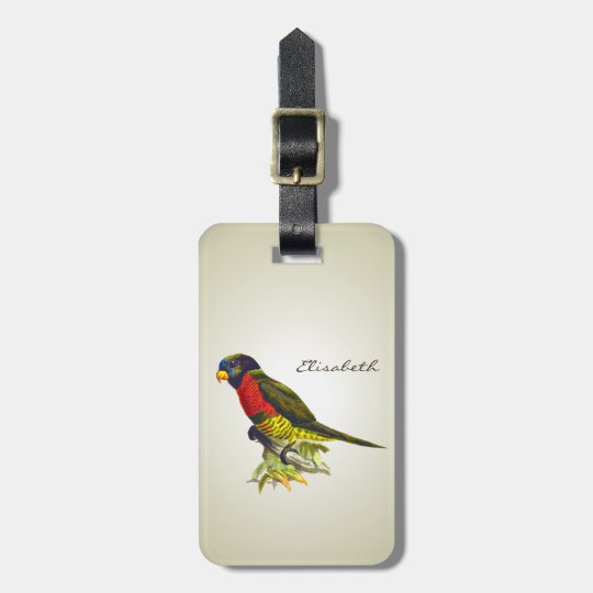 Colourful vintage parrot illustration luggage tag