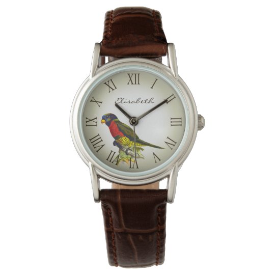 Colourful vintage parrot illustration name watch
