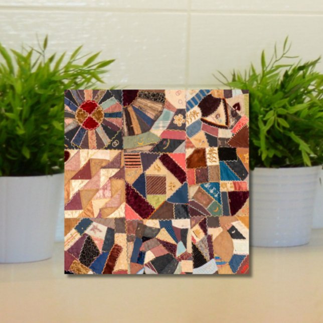 Colourful Vintage Patchwork Crazy Quilt Rustic Tile (Add rustic charm to your home with this colorful vintage patchwork quilt tile.)