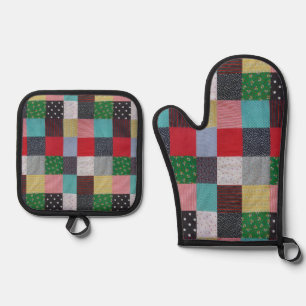 colourful vintage patchwork oven mitt & pot holder set