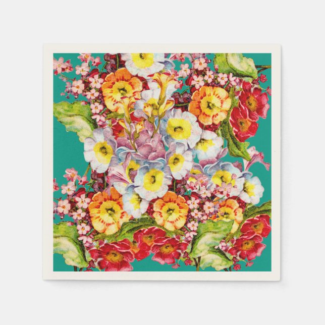   Colourful Vintage Primroses Floral Spring Patter Napkin (Front)