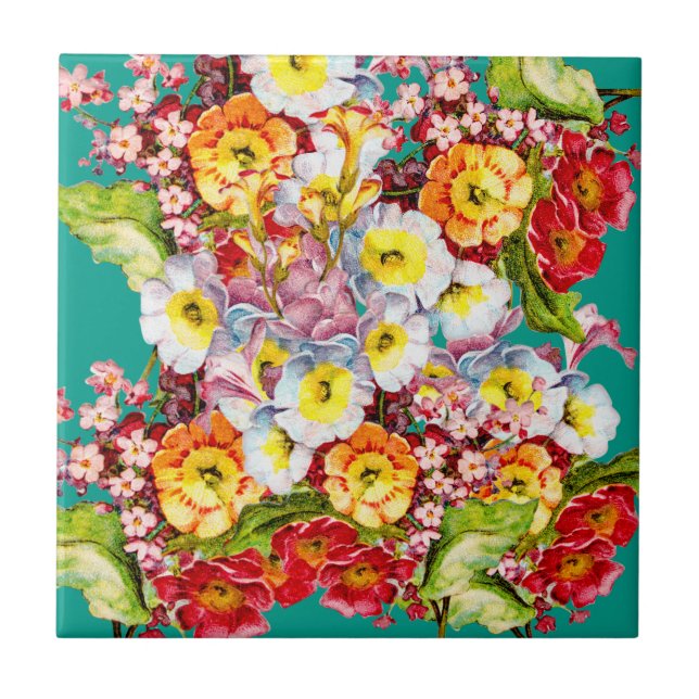   Colourful Vintage Primroses Floral Spring Patter Tile (Front)