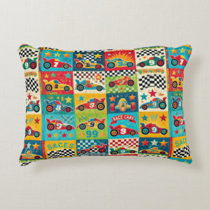 Colourful Vintage Race Car Pattern Accent Pillow