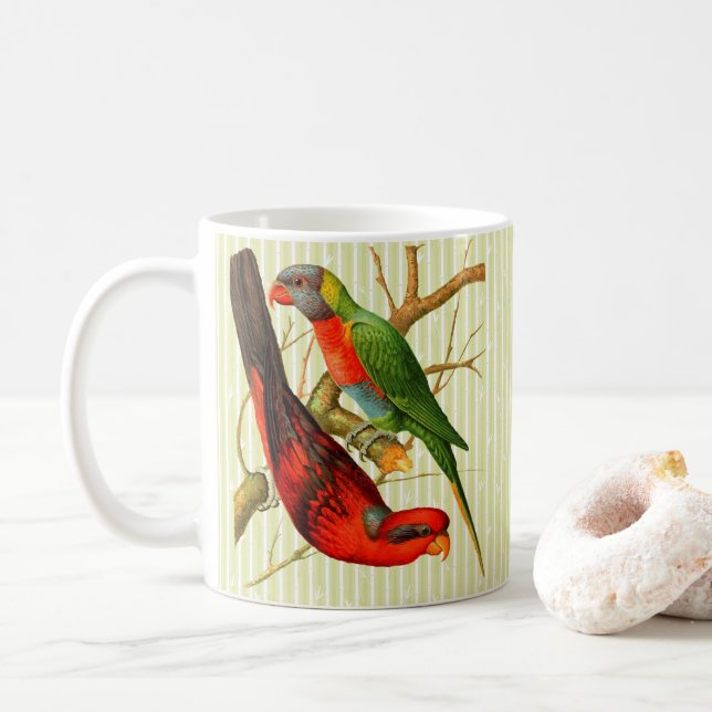 Colourful Vintage Red & Green Parrots Illustration Coffee Mug (With Donut)