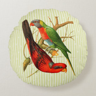 Colourful Vintage Red & Green Parrots Illustration Round Pillow