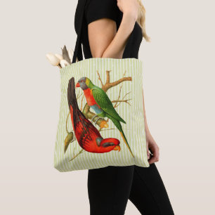 Colourful Vintage Red & Green Parrots Illustration Tote Bag