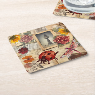Colourful vintage Rustic paper Dragonfly Flowers Square Paper Coaster