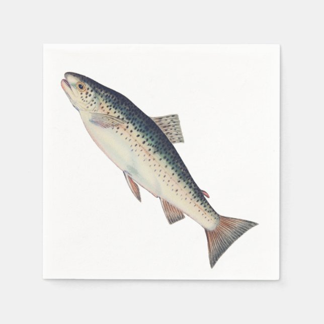 Colourful vintage salmon illustration napkin (Front)