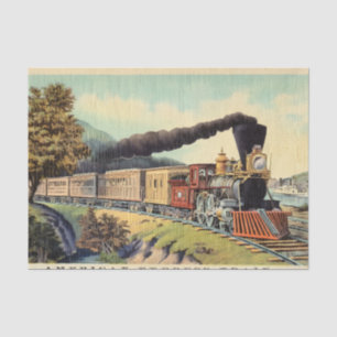 Colourful Vintage Steam Train Art, Postcard Vs 2 Tissue Paper