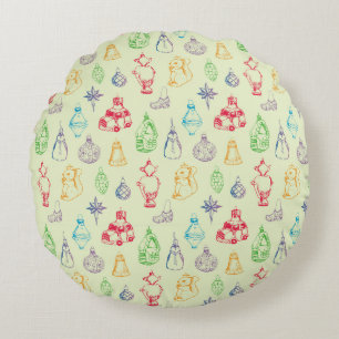 Colourful vintage style christmas toys hand drawn round pillow