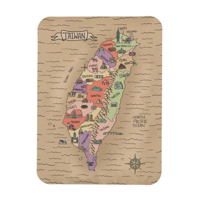 Colourful Vintage Taiwan Map Photo Magnet (Vertical)