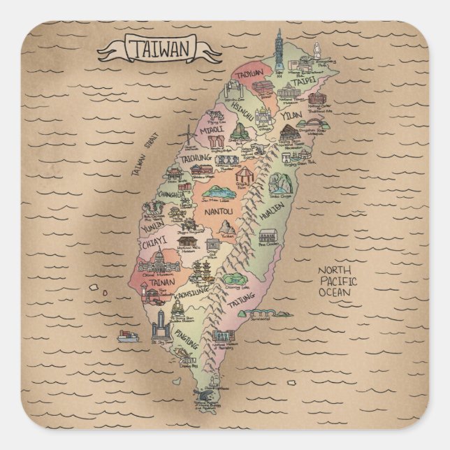 Colourful Vintage Taiwan Map Square Sticker (Front)