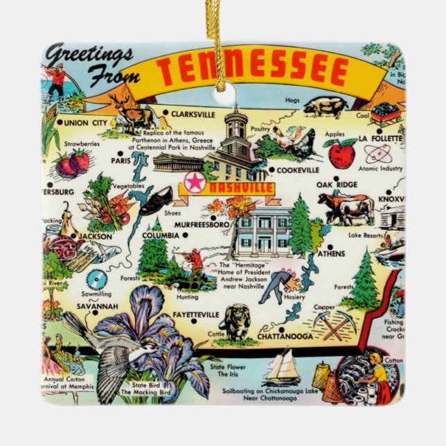 Colourful Vintage Tennessee Map  Ceramic Ornament (Front)