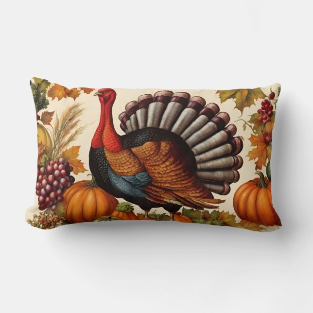Colourful Vintage Thanksgiving Harvest and Turkey  Lumbar Pillow (Front)