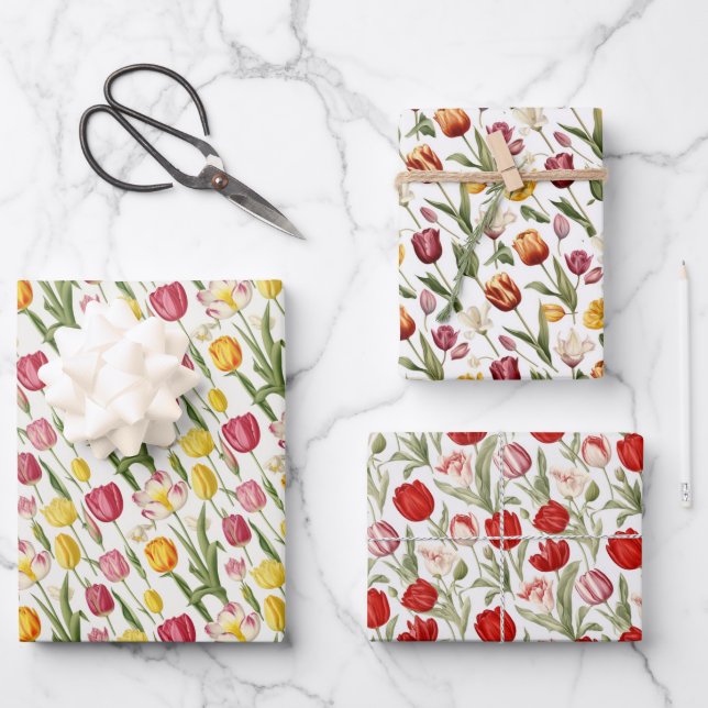Colourful Vintage Tulips Wrapping Paper Sheet (Front)