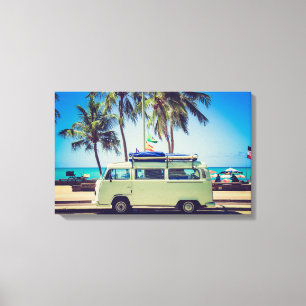 Colourful Vintage Turquoise Camper Bus at Beach Canvas Print