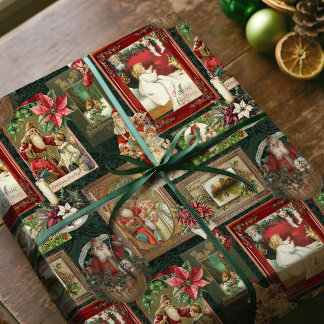Colourful Vintage Victorian Christmas Card Collage Wrapping Paper