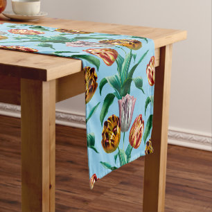 Colourful Vintage Watercolor Tulip Flowers Pattern Short Table Runner