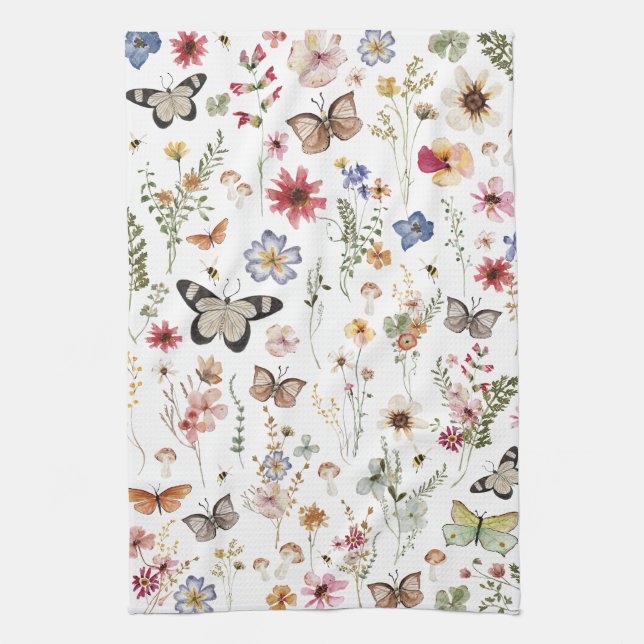 Colourful Vintage Wildflowers Butterflies Botanica Kitchen Towel (Vertical)