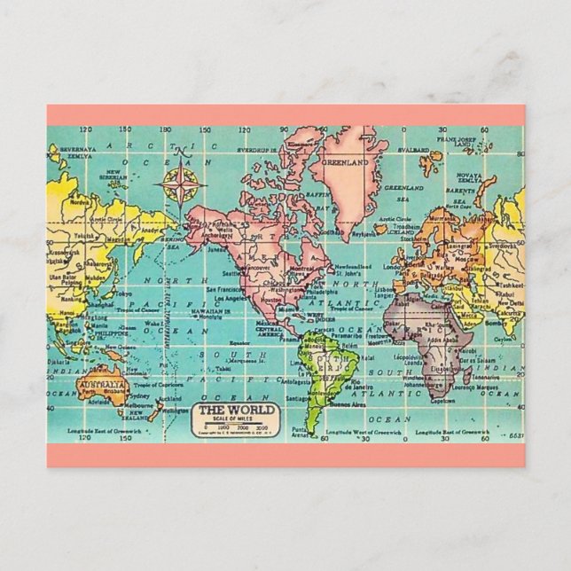 Colourful Vintage World Map Postcard (Front)