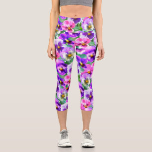 Colourful Violets Pansy Flower Capri Leggings