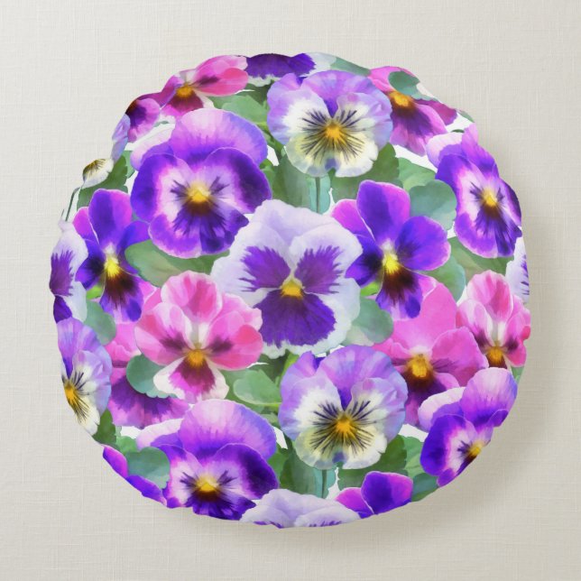 Colourful Violets Pansy Flower Pattern   Round Pillow (Front)