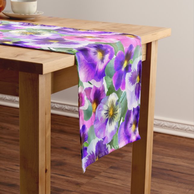 Colourful Violets Pansy Flower Pattern Short Table Runner (In Situ)