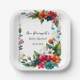 Colourful Vivid Florals Baby In Bloom Shower Paper Plate