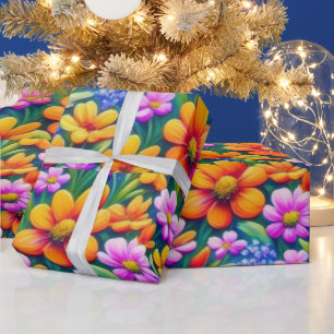 Colourful vivid flowers and birds Wrapping Paper