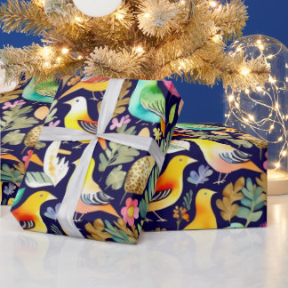 Colourful vivid flowers and birds Wrapping Paper